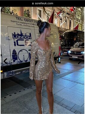 Gold Sequin Long-Sleeve Mini Dress with Side Slit